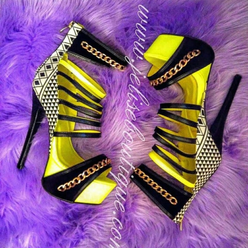 "Kourtney" Aztec Print Neon Yellow High Heels - Picture 2 of 2